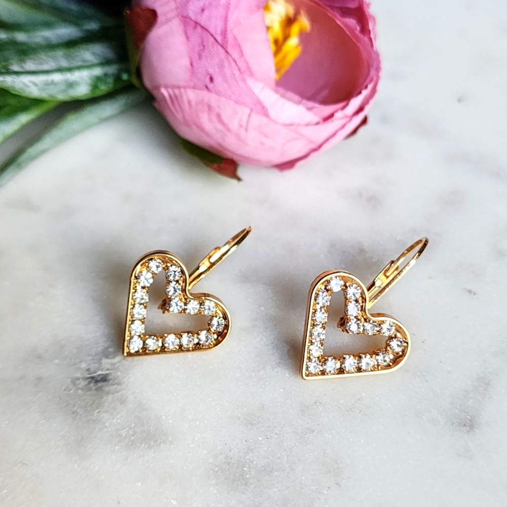Hearts Earrings 10K Gold, Zircon Hoops Earrings Pave, CZ Diamond Hoops